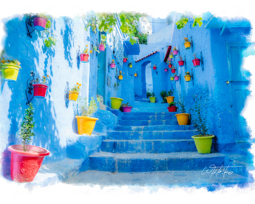 送料無料】絵画調写真作品「モロッコ - シェフシャウエンの青い街