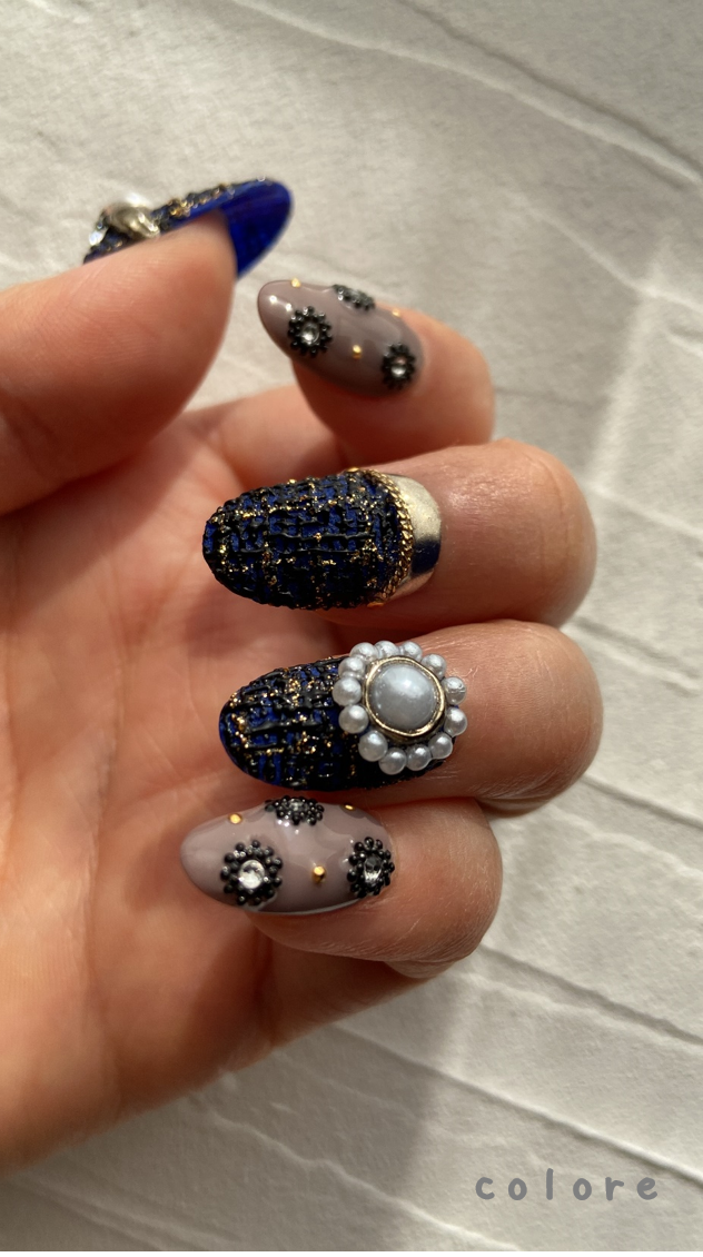 No.6アンティークツイード（ツイードネイル　パール　リングネイル　ロイヤルブルー　ミラーネイル）