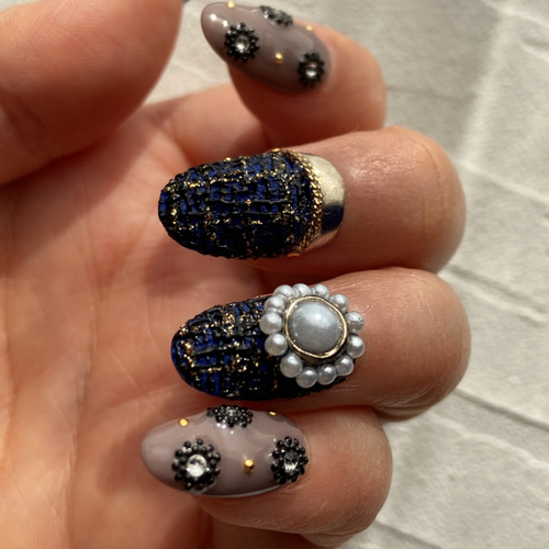 No.6アンティークツイード（ツイードネイル パール リングネイル  