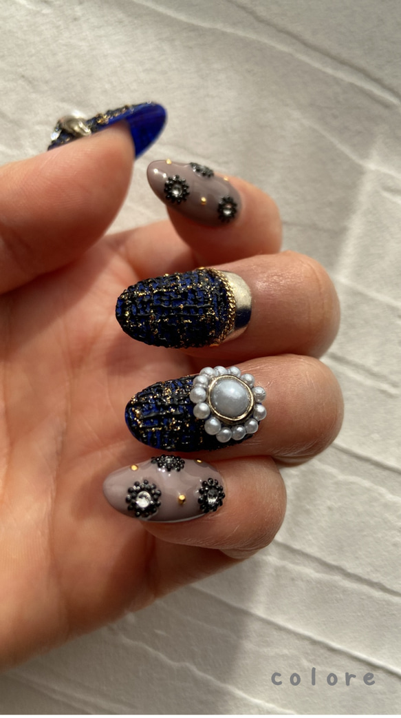 サイズオーダー】 ネイルチップ No.27 ツイードリボンネイル