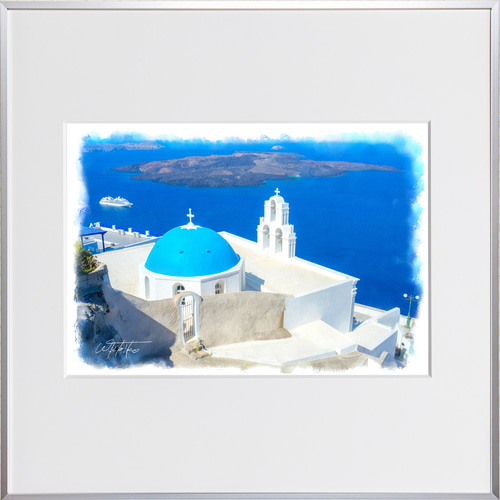 送料無料】絵画調写真作品「ギリシャ、サントリーニ島の青い教会