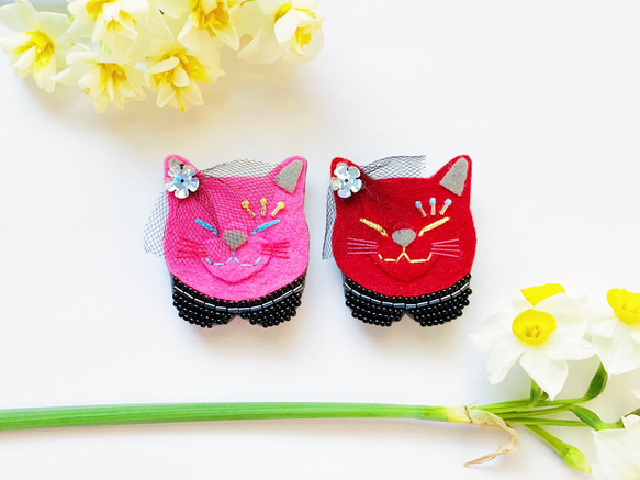 一点物【おねむねこブローチ】綺麗な猫には毒があるA（フェルト・ビーズ刺繍・ピンク・個性的・ゴスロリ・地雷系・インテリア） 5枚目の画像