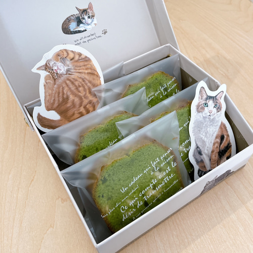 宇治抹茶ホワイトチョコケーキ5個♪猫イラスト貼箱入♪ ☆猫好き 抹茶