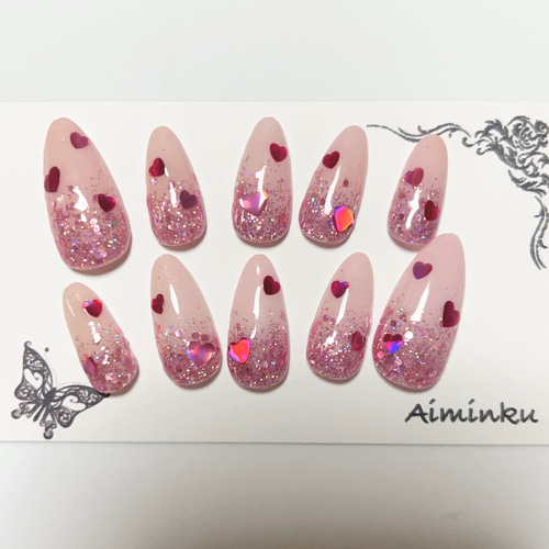 ネイルチップ ハートホロ ラメグラデ オーダー ネイルチップ（つけ爪  