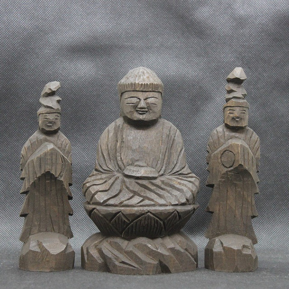 薬師三尊(14/15/15cm 着色 yn3zon3309) 仏像 円空仏 木彫 彫刻 円空 