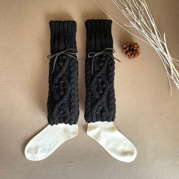 おしゃれに温活・節電》手編み レッグウォーマー＊ナチュラルなアラン