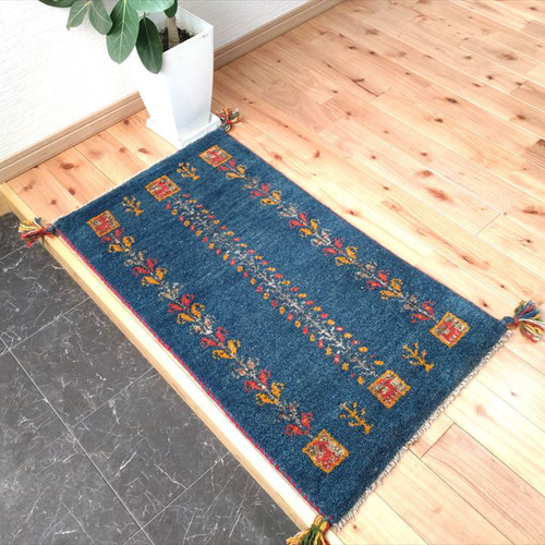 大特価40％OFF】ペルシャ ギャッベ 玄関マット 85×47cm ブルー
