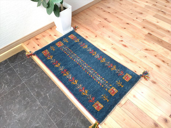 ペルシャ　アマレバフト　ミニマット　円形　40×40　藍色　馬　生命の木 ペルシャ アマレバフト ミニマット 円形 40×40 藍色 馬 生命の木