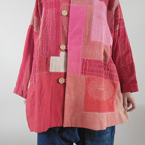 古布リメイク紅花染め 花柄トップス刺し子 古布 手作り 紅花染め 刺し子 シャツ ワンピース hanahukujun 通販