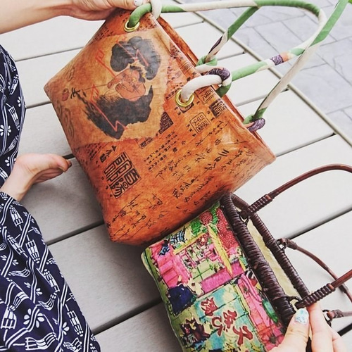 歌麿 浮世絵 美人 一閑張り バッグ かごバッグ ハンドバッグ 正絹 花 特大 一閑張りバッグ歌川広重浮世絵