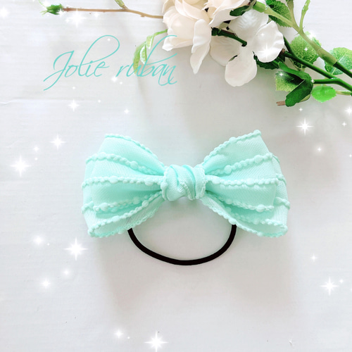 コットンヤーンのポニテリボングリーンヘアゴムキッズポンポンふんわり