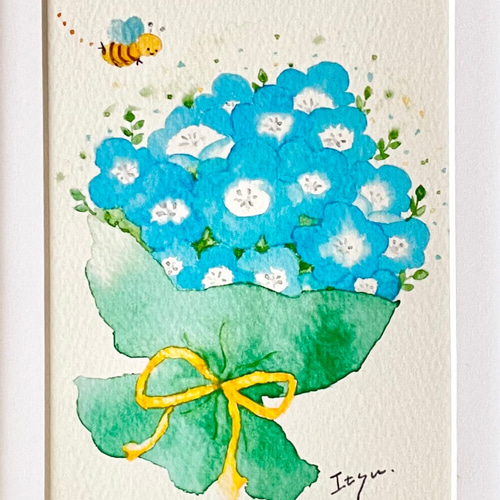 透明水彩画「ネモフィラの花束」A4ポスター イラスト 花 春 ギフト