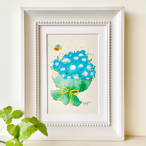 透明水彩画「ネモフィラの花束」A4ポスター イラスト 花 春 ギフト