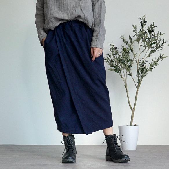 コクーン巻きスカート/ネイビー/三河木綿刺し子織 1枚目の画像