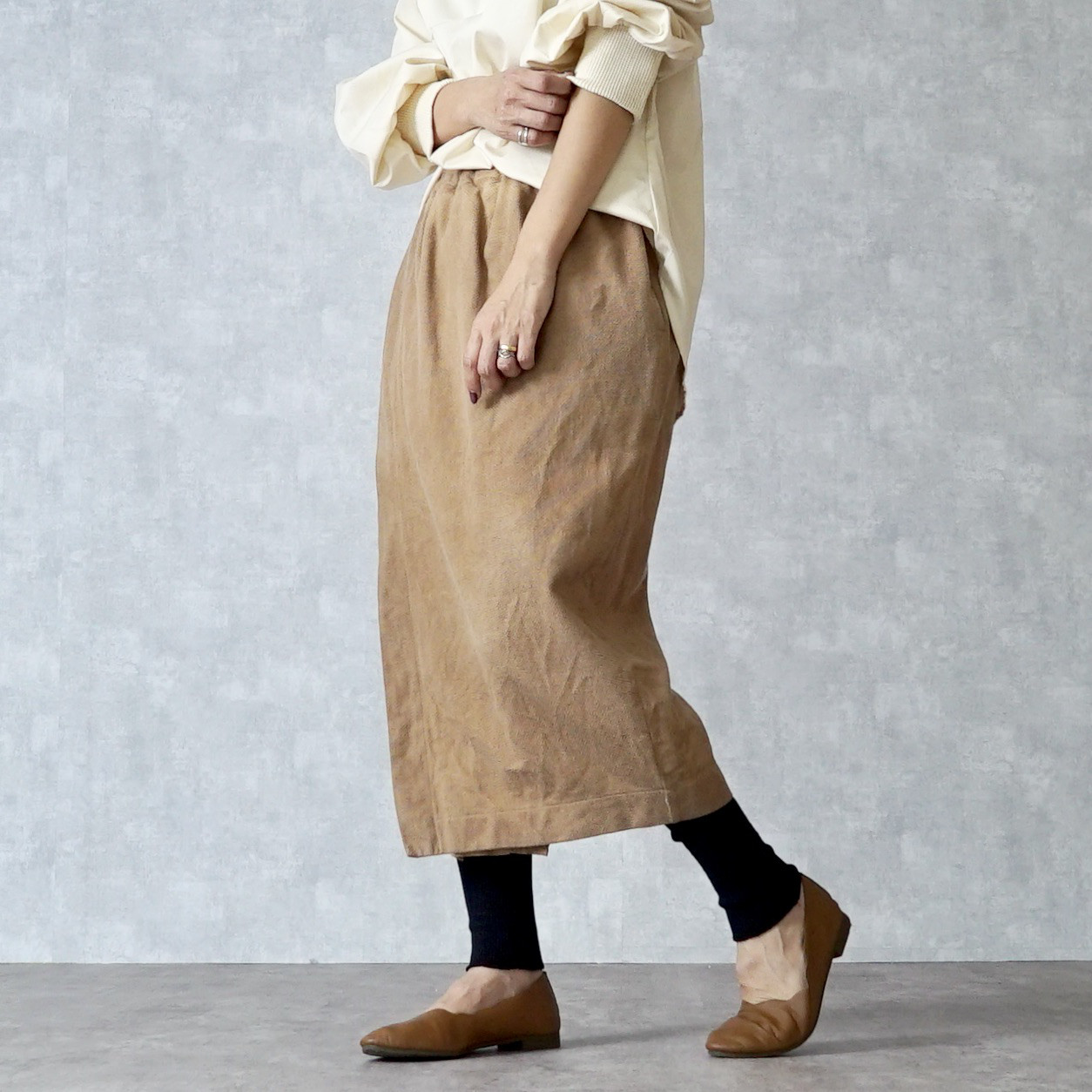 コクーン巻きスカート/ブラウン/三河木綿刺し子織