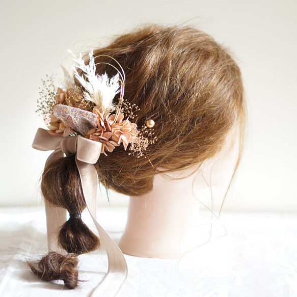 木馬のベロアリボンとくすみピンク色アジサイの髪飾り #ヘッドドレス