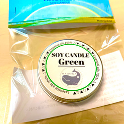 ★Green 喉や鼻の不調や花粉症予防のアロマキャンドル　ソイキャンドル　精油　アロマ　プレゼント　プチギフト　缶 2枚目の画像