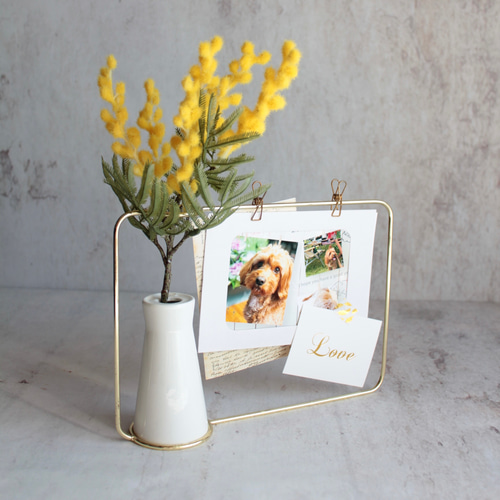 ミモザ】set花瓶付きゴールドワイヤーフォトスタンドアレンジ フォト