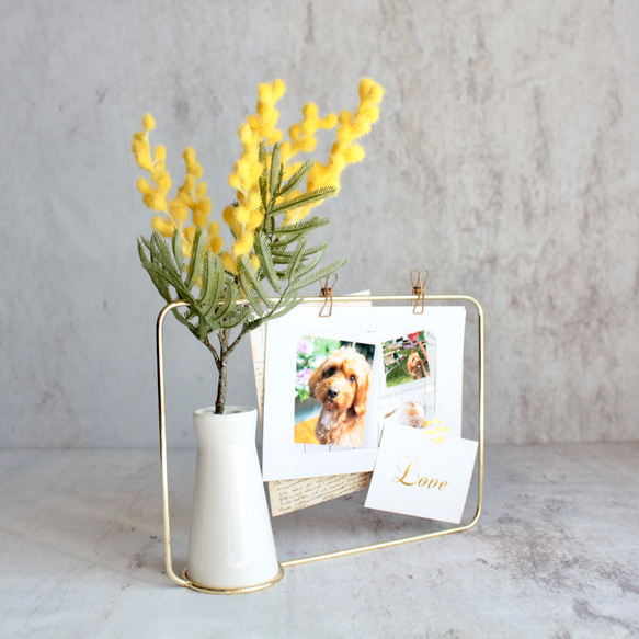 ミモザ】set花瓶付きゴールドワイヤーフォトスタンドアレンジ フォト