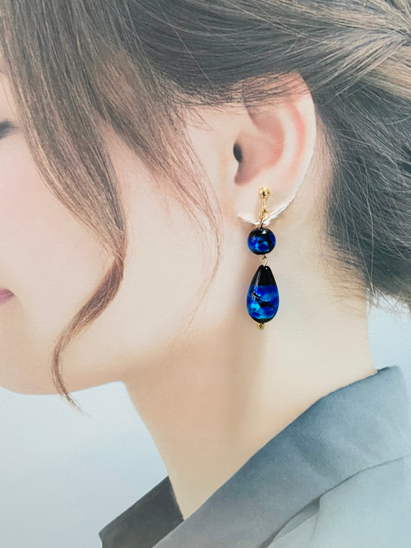 海のしずく☆ホタルガラス ブルー ドロップ イヤリング 金属アレルギー