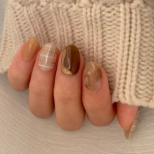 ﾈｲﾙﾁｯﾌﾟ】no.13 淡色ネイル/チェックネイル/ブラウンネイル/オレンジ