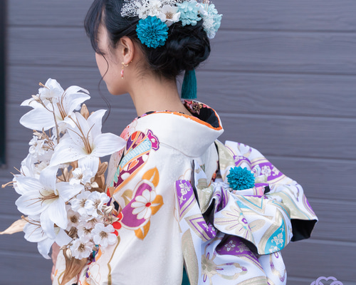 髪飾り ターコイズブルー×ミントグリーンの髪かざり 成人式 卒業式