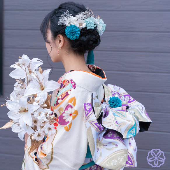 髪飾り ターコイズブルー×ミントグリーンの髪かざり 成人式 卒業式