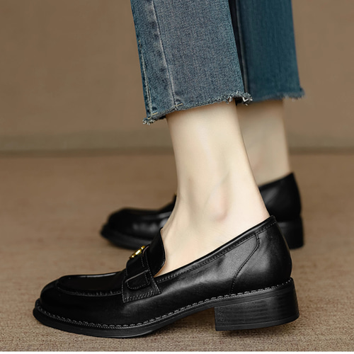 ヒール スリッポン 厚底ヒール ローファー 太ヒール レザー キーヒール