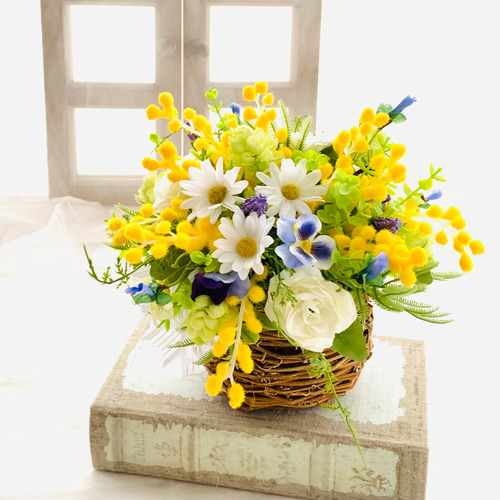 ミモザ パンジー フラワーアレンジメント 春を呼ぶアレンジ 造花