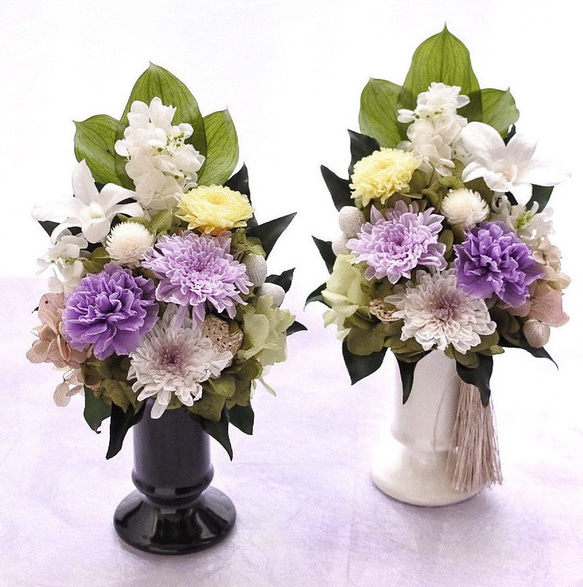 かっすん様オーダー　プリザーブドフラワー☆仏花　花器付き対セット 奏・SOU》仏花◇花器の色が選べます♢﻿お供え花・すべてプリザーブド