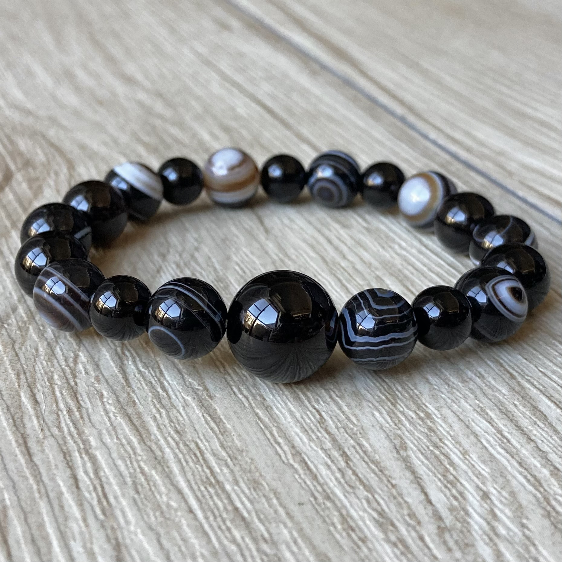 深奥なる黒と眼の神秘｜モリオン × 天眼石（チベット瑪瑙）ストーンブレスレット｜天然石アクセサリー