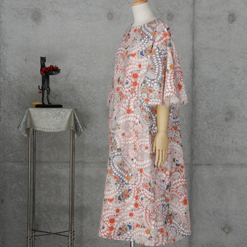 着物リメイク豪華辻が花ワンピース 着物リメイク 辻が花 紬のフレアー袖ワンピース/ フリーサイズ kimono