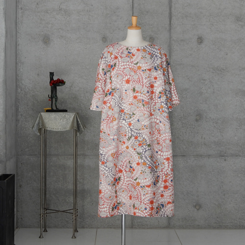 着物リメイク 辻が花 紬のフレアー袖ワンピース/ フリーサイズ kimono