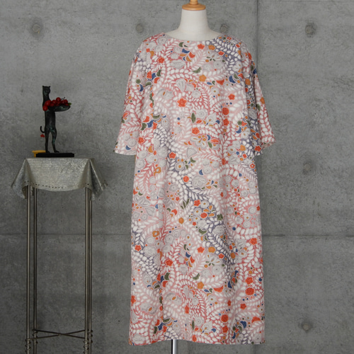 着物リメイク 辻が花 紬のフレアー袖ワンピース/ フリーサイズ kimono