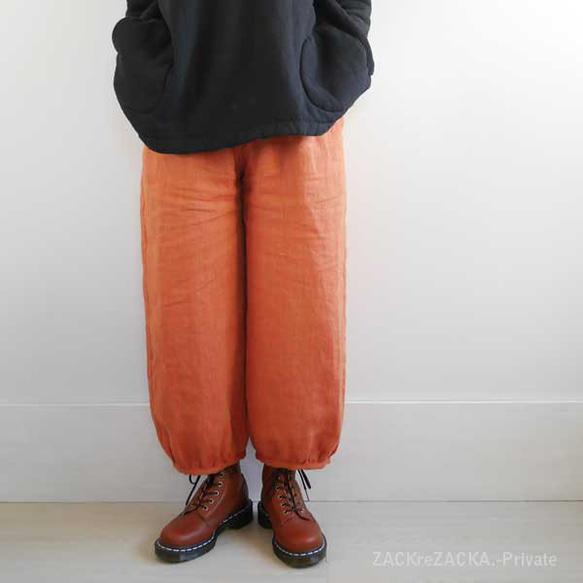 リトアニアリネン・くすみオレンジ・アンクル丈・大人のパフパンツ・ウエストフリー 2枚目の画像