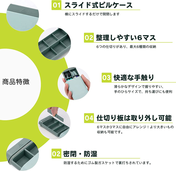 ピルケース サプリメントケース 6マス 3マス 1日3回 一日分 仕切り 薄型 密閉 遮光 防湿 小型 常備薬 朝昼晩 6枚目の画像