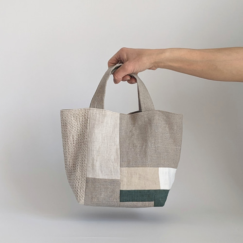 リネンのトートバッグ S△パッチワーク グリーン トートバッグ nuno:co