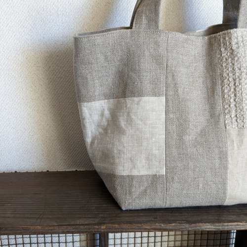 リネンのトートバッグ S△パッチワーク グリーン トートバッグ nuno:co