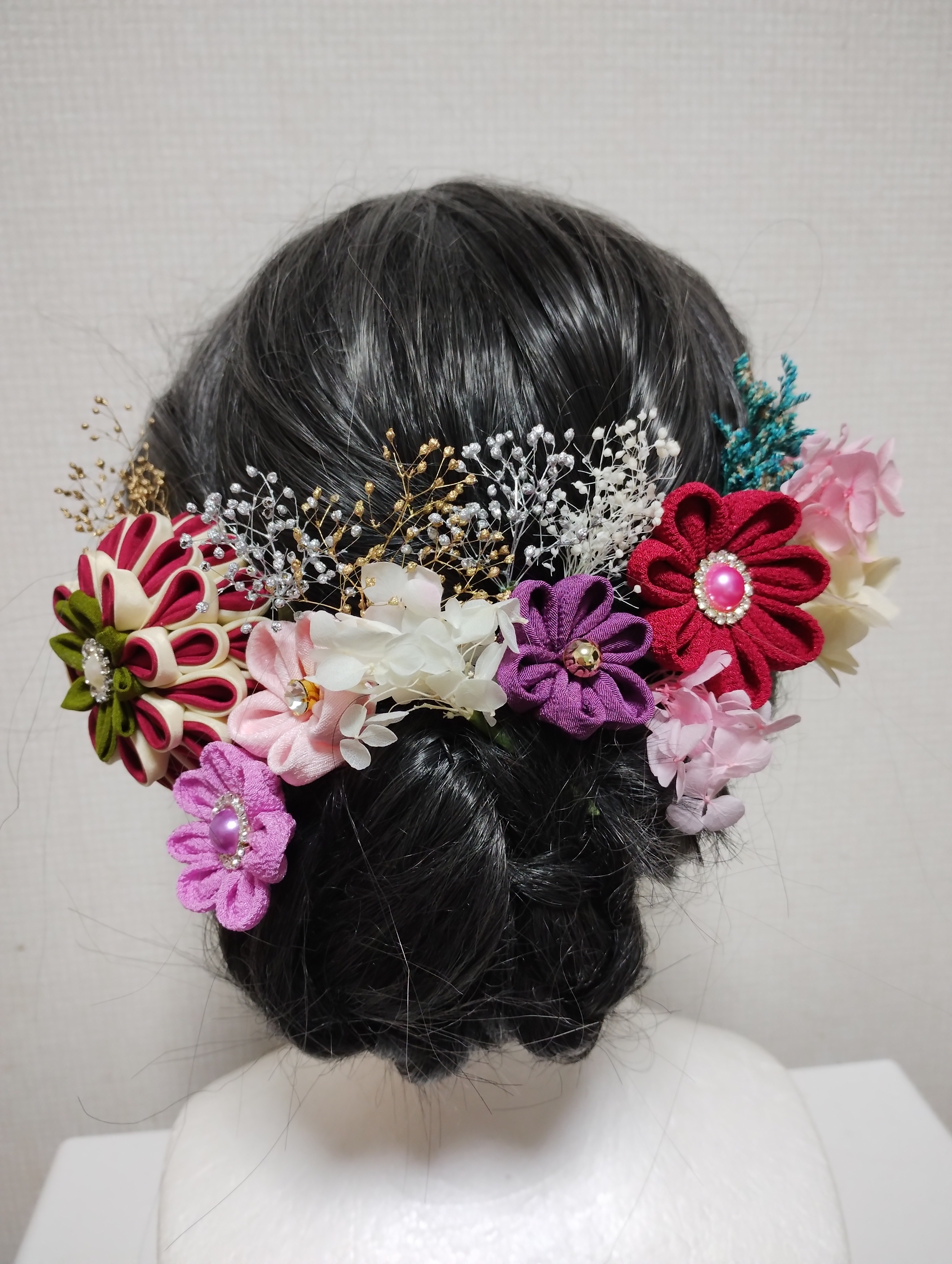 髪飾り　髪飾りピンク　髪飾りパープル　成人式髪飾り　卒業式髪飾り　七五三髪飾り　つまみ細工 振袖髪飾り　ヘッドドレス