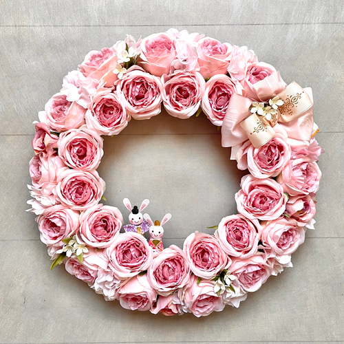 フラワーリース ピンク薔薇 造花