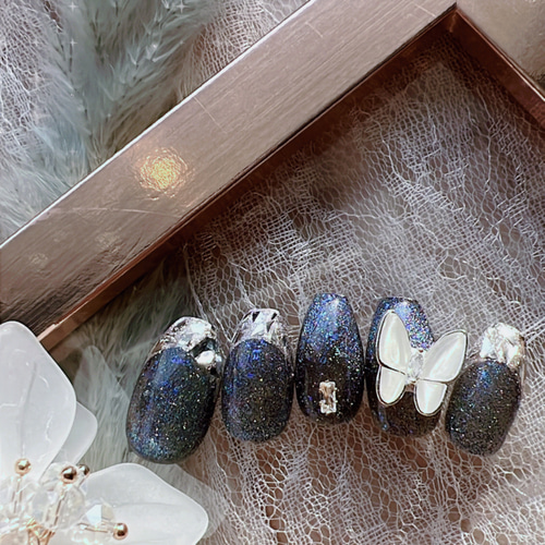 マグネット ガラスフレンチ ネイルチップ 韓国 大人 上品 ネイルチップ  