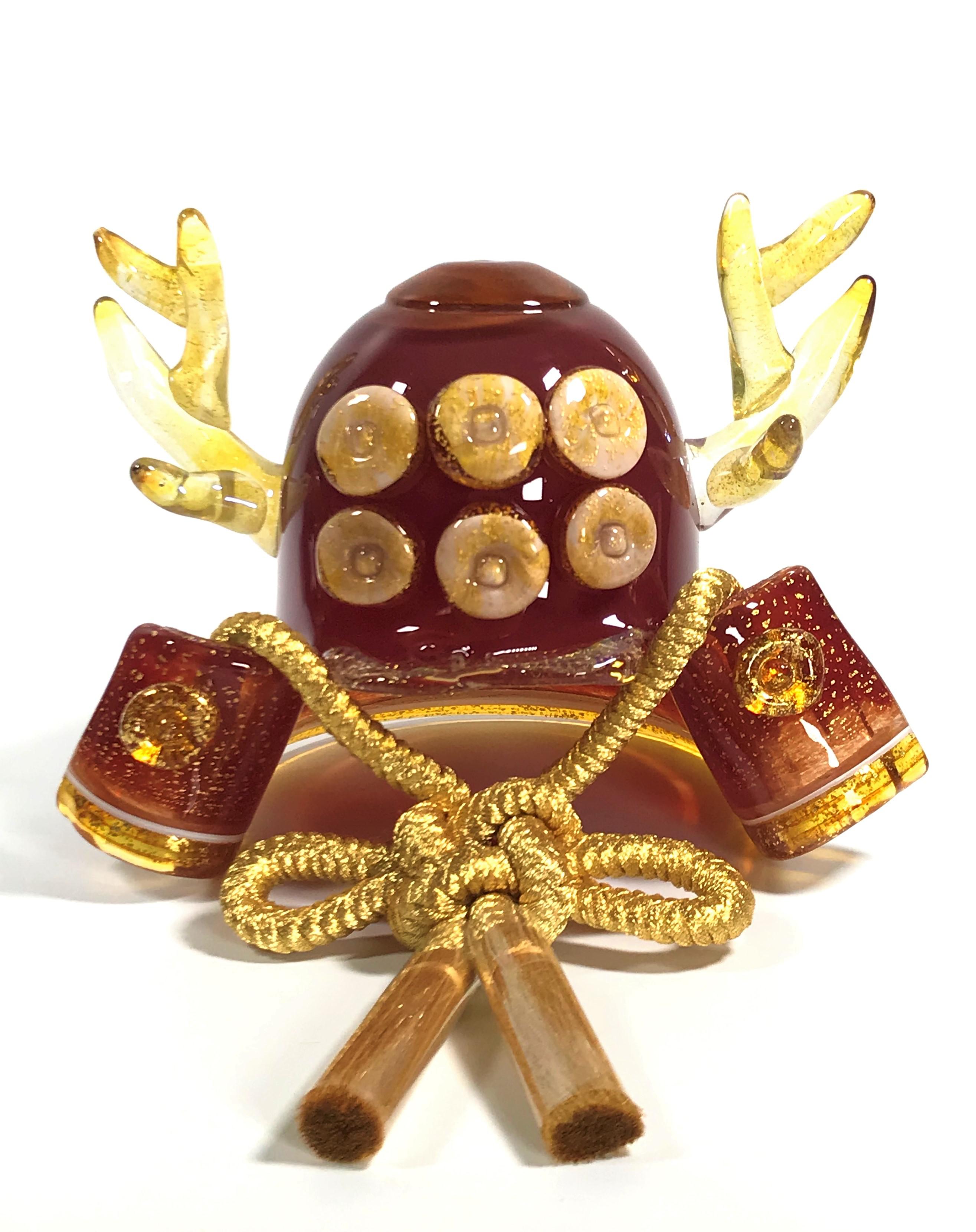 『ガラス兜』　五月人形　真田幸村タイプ　　金屏風　塗台　飾紐付き