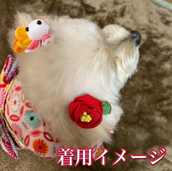 ママとおそろい♪　椿　ヘアーアクセサリー＆ブローチ3点セット　ペット　犬用　ハンドメイド 3枚目の画像