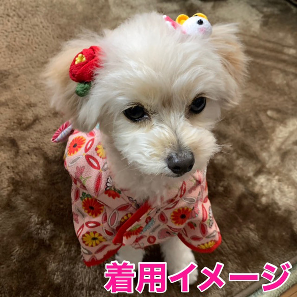 ママとおそろい♪　椿　ヘアーアクセサリー＆ブローチ3点セット　ペット　犬用　ハンドメイド 2枚目の画像