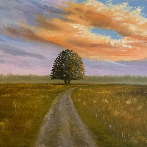 純粋な手描きの手作り油絵Q 手描きの油絵作品】夕焼けに染まる空と風 絵画 JO's art gallery