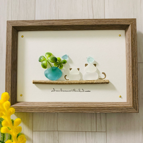 シーグラスアート 海の宝石 猫ペア ペット インテリア雑貨 北欧 ガラス