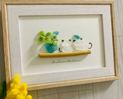 シーグラスアート 海の宝石 猫ペア ペット インテリア雑貨 北欧 ガラス