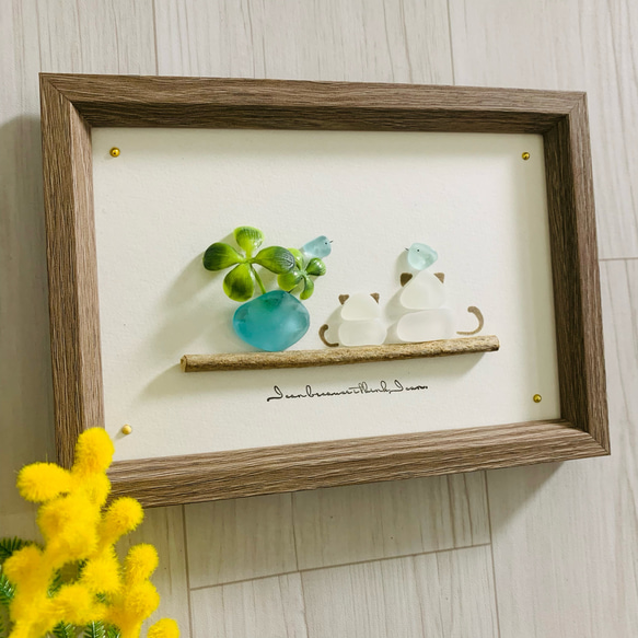 シーグラスアート 海の宝石 猫ペア ペット インテリア雑貨 北欧 ガラス