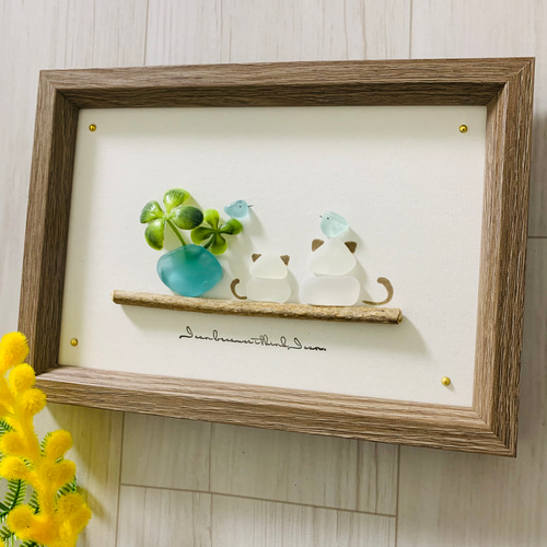 シーグラスアート 海の宝石 猫ペア ペット インテリア雑貨 北欧 ガラス