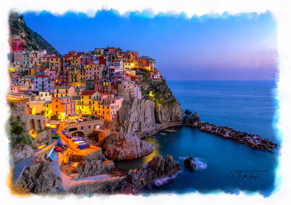 送料無料】絵画調写真作品「イタリア - チンクエ・テッレの夕暮れ